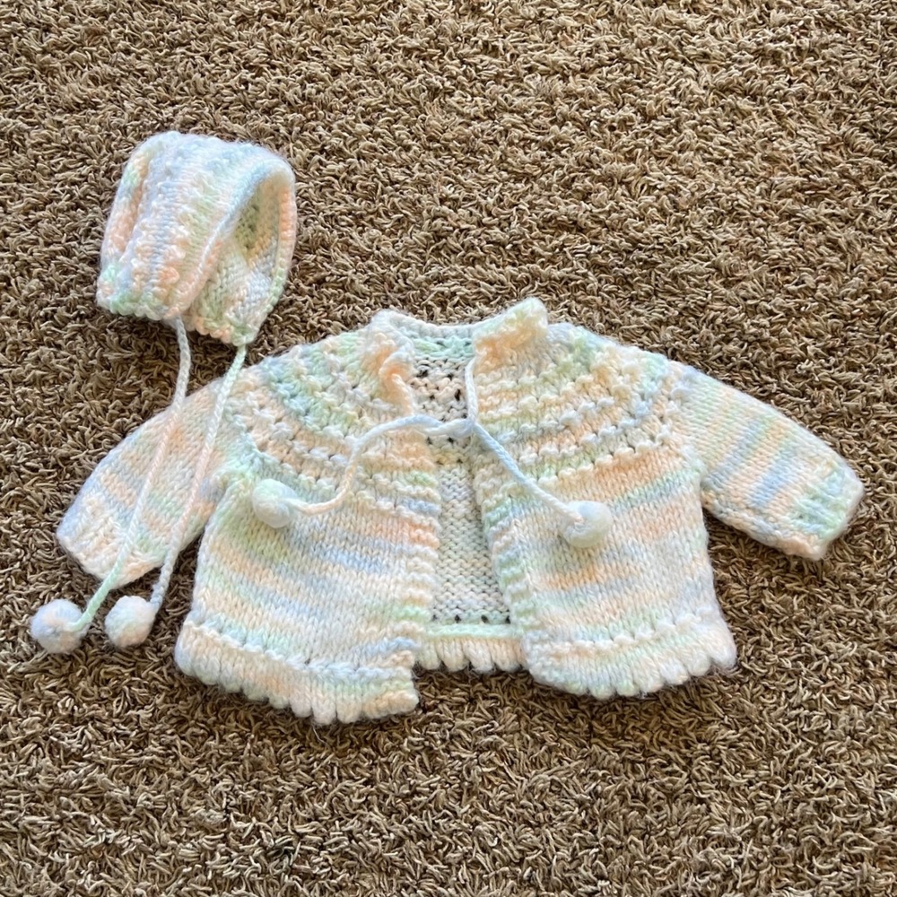 Handmade Knit Baby Cardigan and Bonnet Set Pastel Variegated Pom Pom Tie Sweater